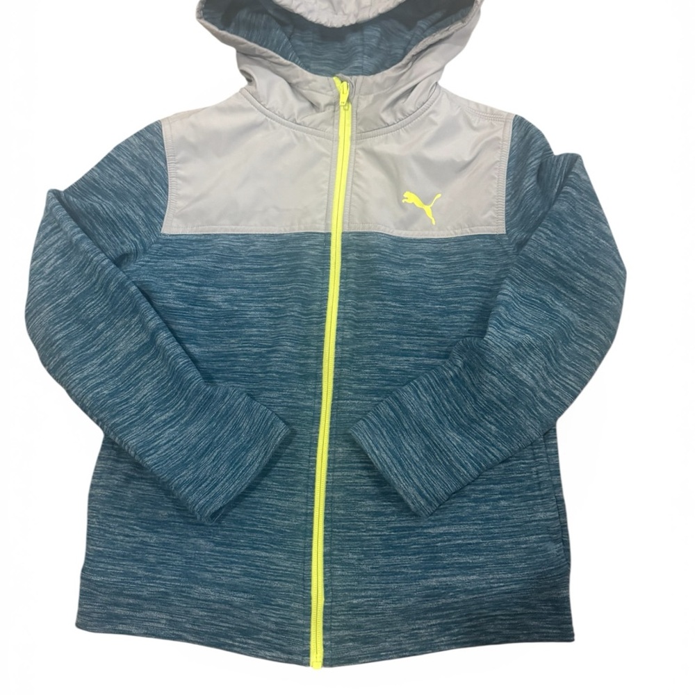 Puma Boys Teal Heather Hooded Jacket with Gray Yoke & Neon Yellow Trim